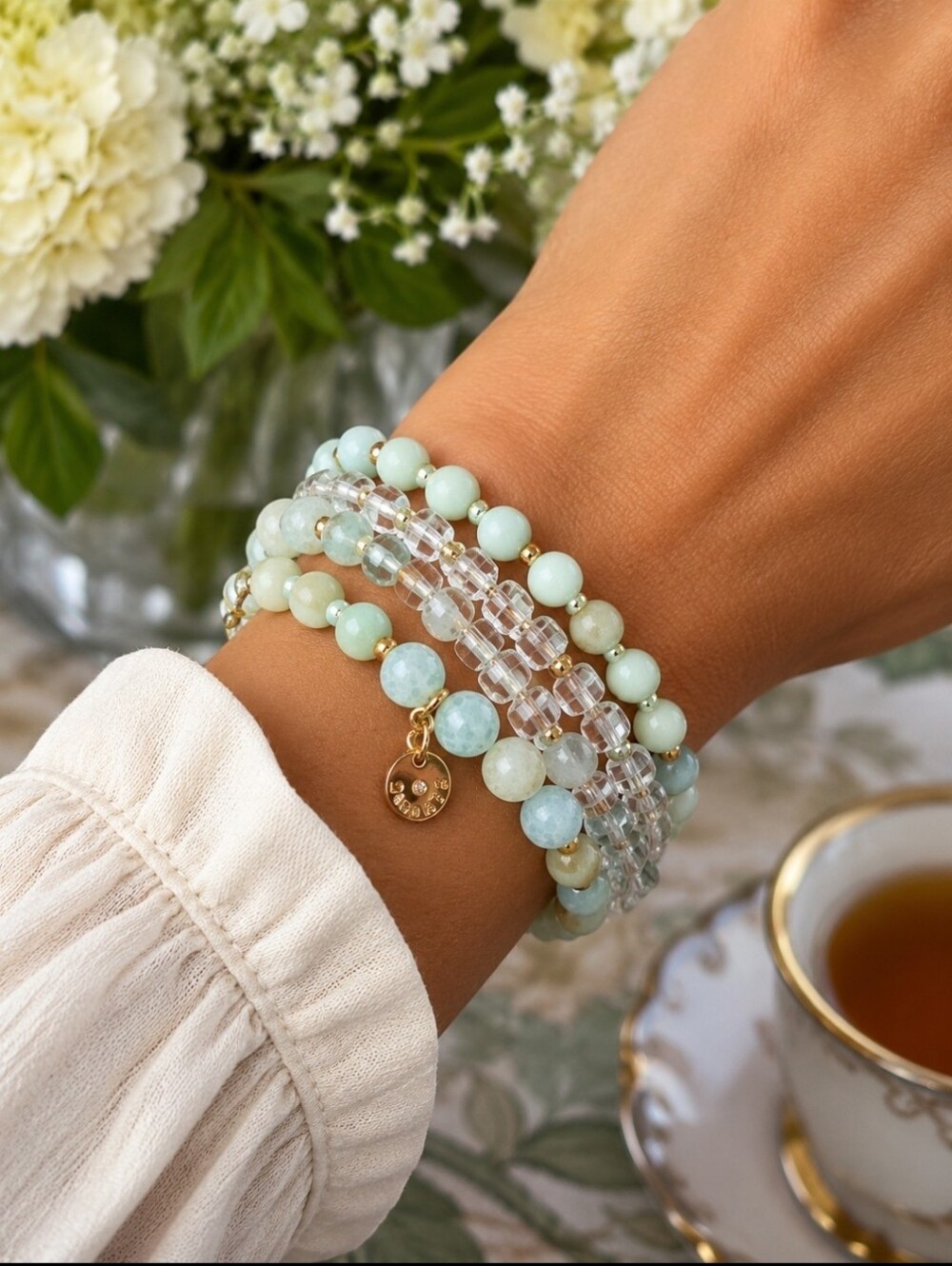 Talbot's Beaded Stone and Plastic Memory Wire Mint Green Mottled Clear NWOT